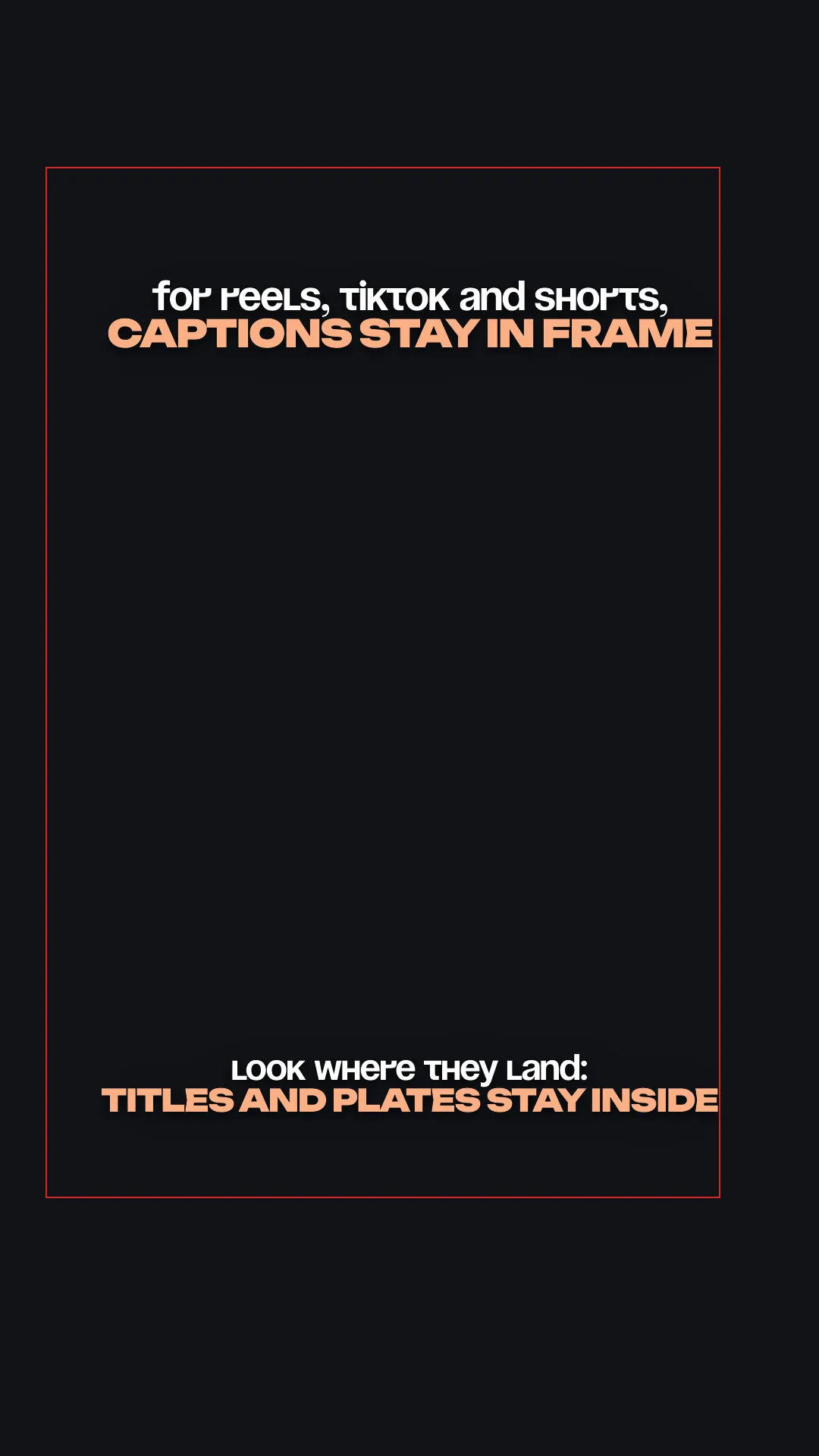 Title and caption plate positioned by ReelsCut's real rendering engine on a blank canvas, with the Reels safe-zone margin drawn as a thin outline